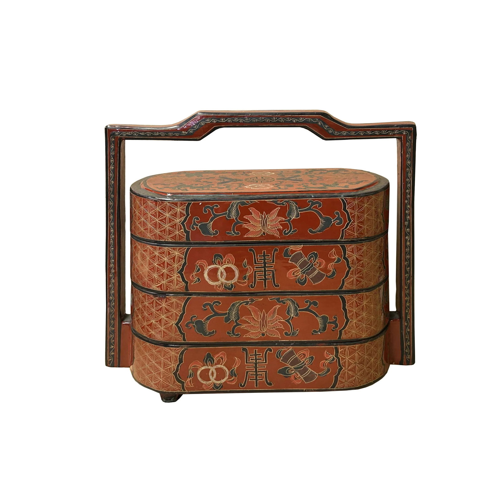 Chinese Brick Red Lacquer Color Treasure Graphic Stack Box Basket - 3