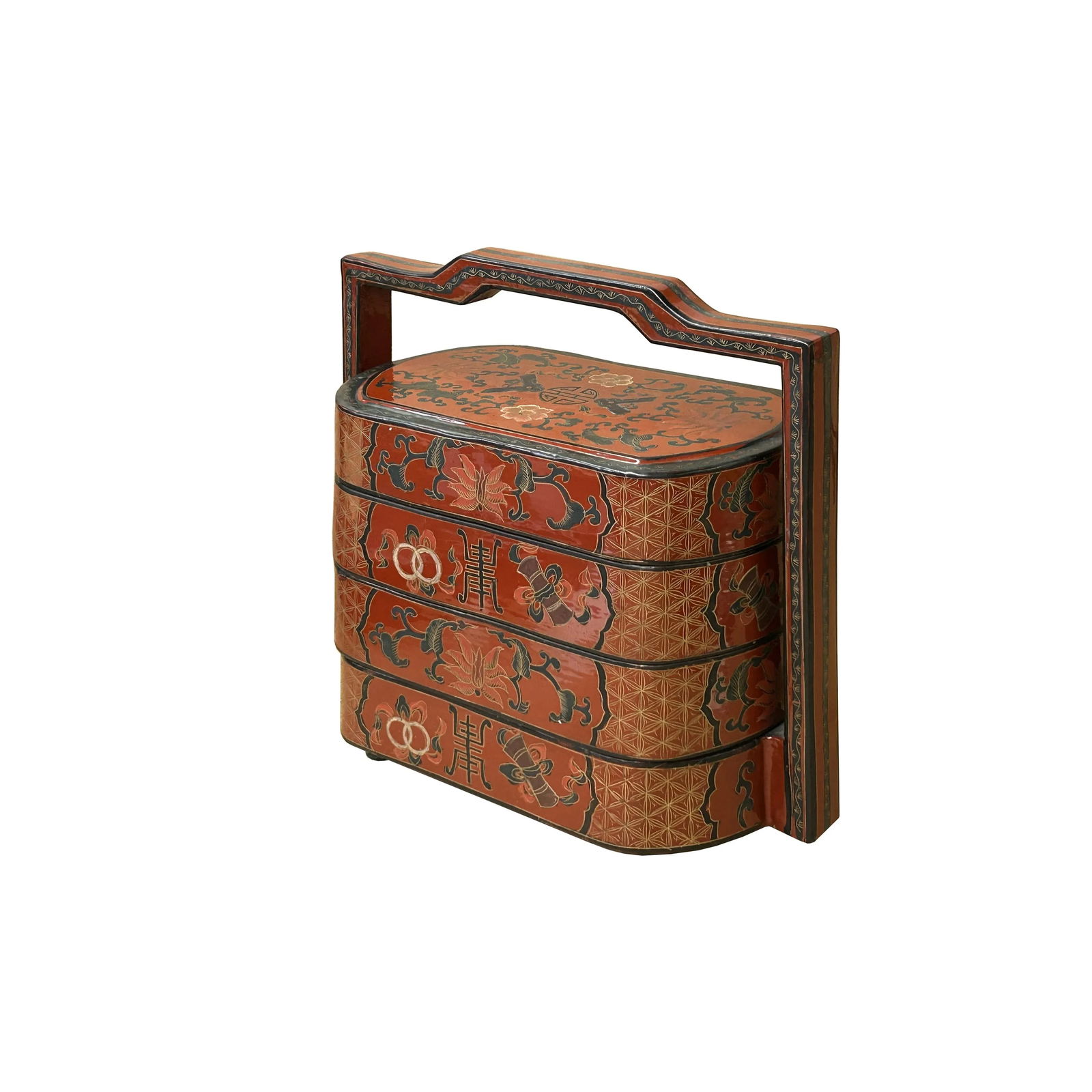Chinese Brick Red Lacquer Color Treasure Graphic Stack Box Basket - 4