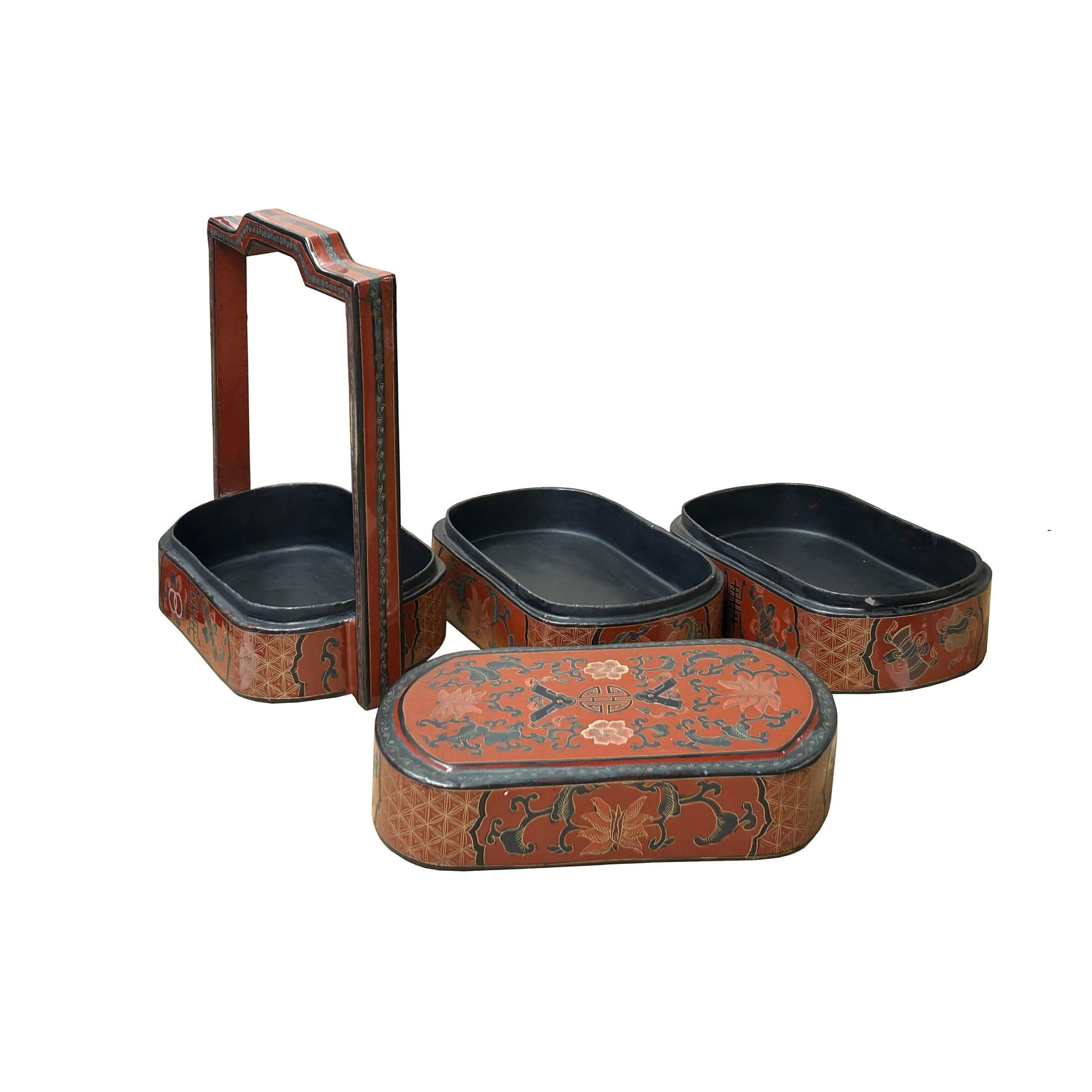 Chinese Brick Red Lacquer Color Treasure Graphic Stack Box Basket - 6