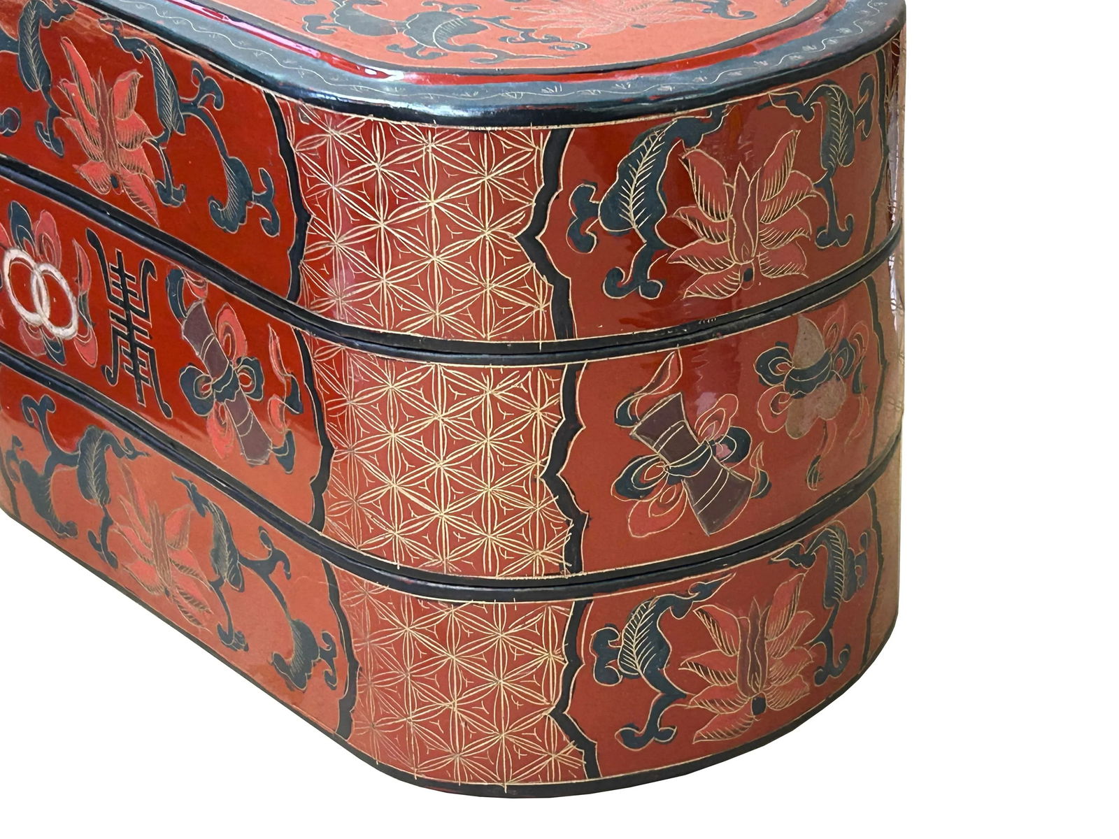 Chinese Brick Red Lacquer Color Treasure Graphic Stack Box Basket - 7