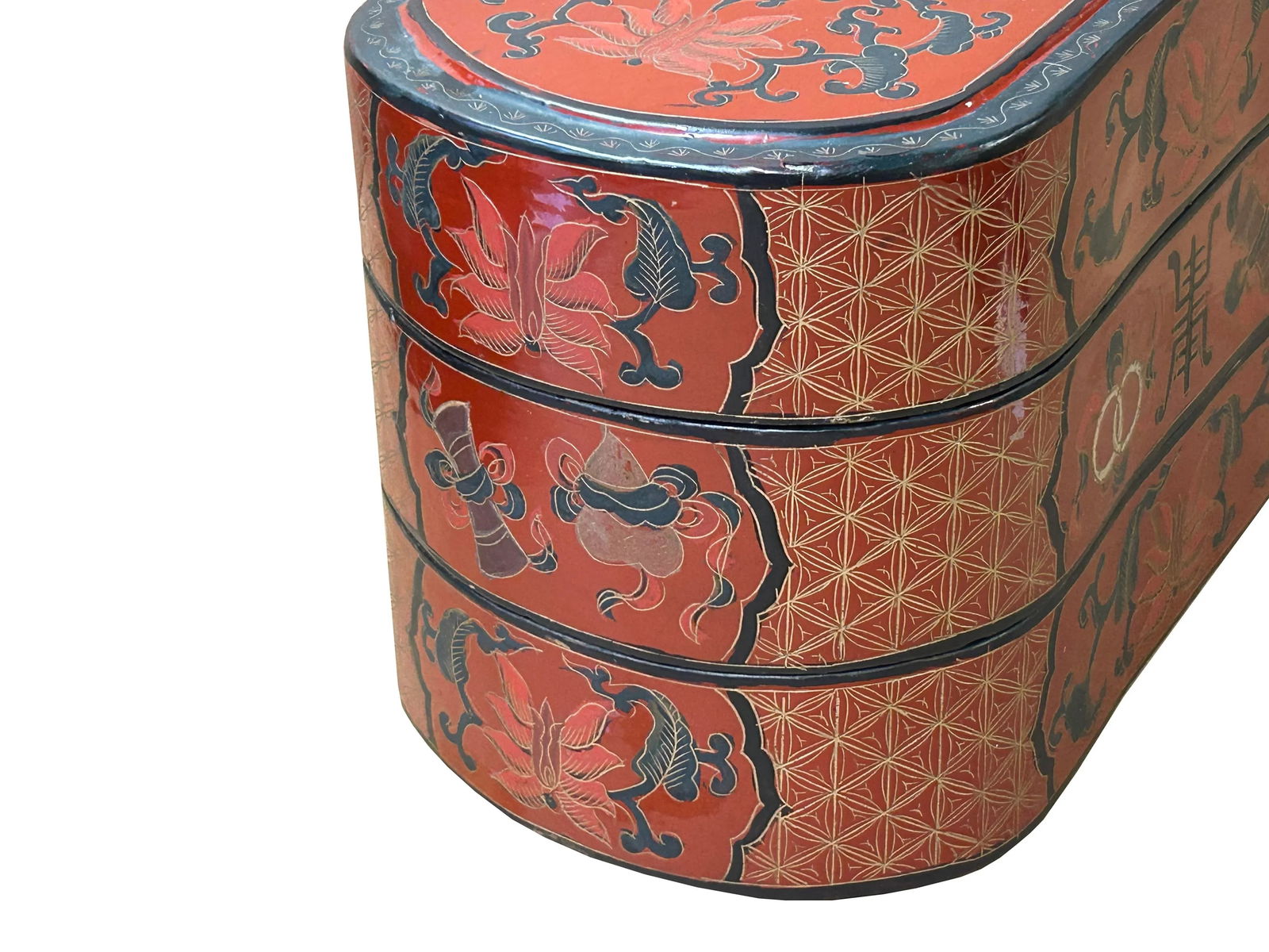 Chinese Brick Red Lacquer Color Treasure Graphic Stack Box Basket - 8