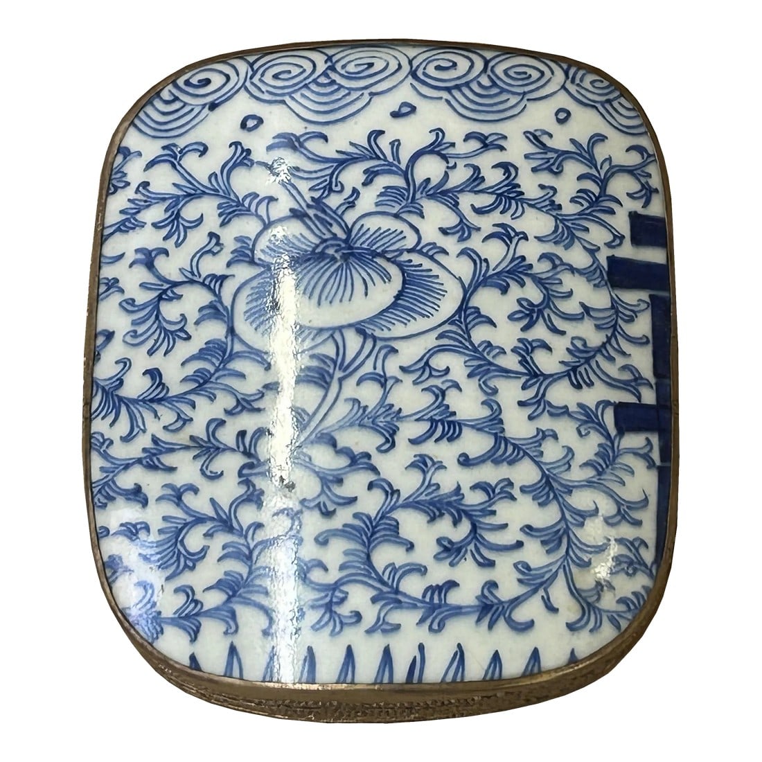 Chinese Old White Base Blue Scroll Leaf Graphic Porcelain Art Pewter Box: This is a handmade pewter box in an irregular shape with an old white base blue oriental scroll leaf graphic porcelain part inset on the surface as the box cover. Dimensions: 5.5" x 5.5" x h2"