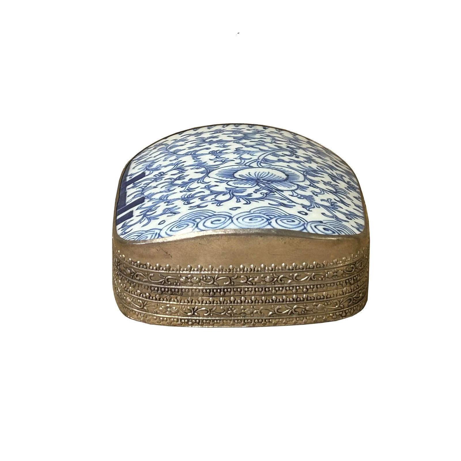 Chinese Old White Base Blue Scroll Leaf Graphic Porcelain Art Pewter Box - 2