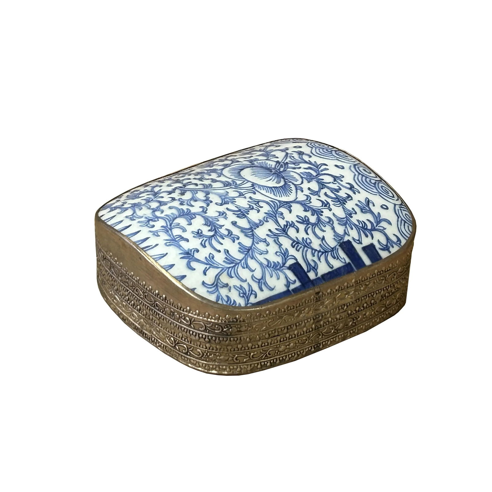 Chinese Old White Base Blue Scroll Leaf Graphic Porcelain Art Pewter Box - 4