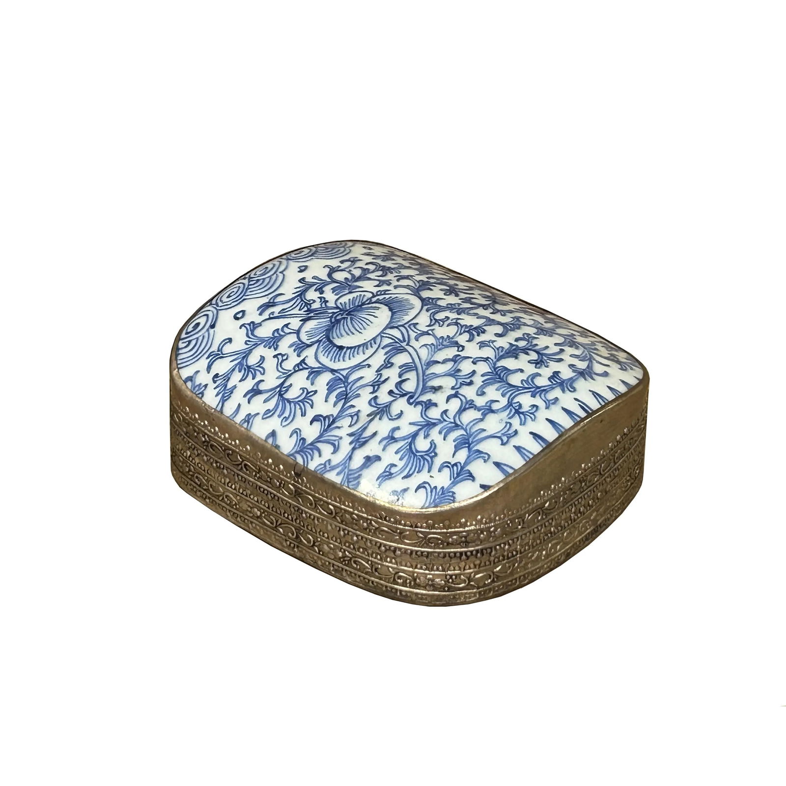 Chinese Old White Base Blue Scroll Leaf Graphic Porcelain Art Pewter Box - 6