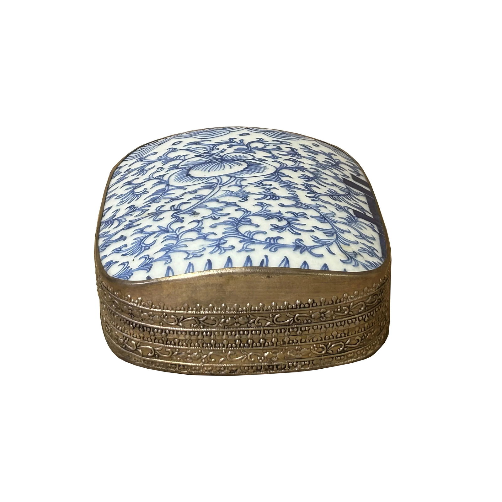 Chinese Old White Base Blue Scroll Leaf Graphic Porcelain Art Pewter Box - 7