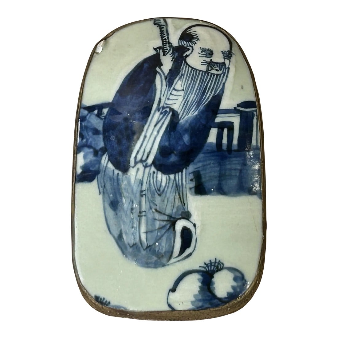Chinese Old White Base Blue OldMan Graphic Porcelain Art Pewter Box: This is a handmade pewter box in an irregular shape with an old white base blue oriental old man graphic porcelain part inset on the surface as the box cover. Dimensions: 4" x 6" x h2.5" Origin: 