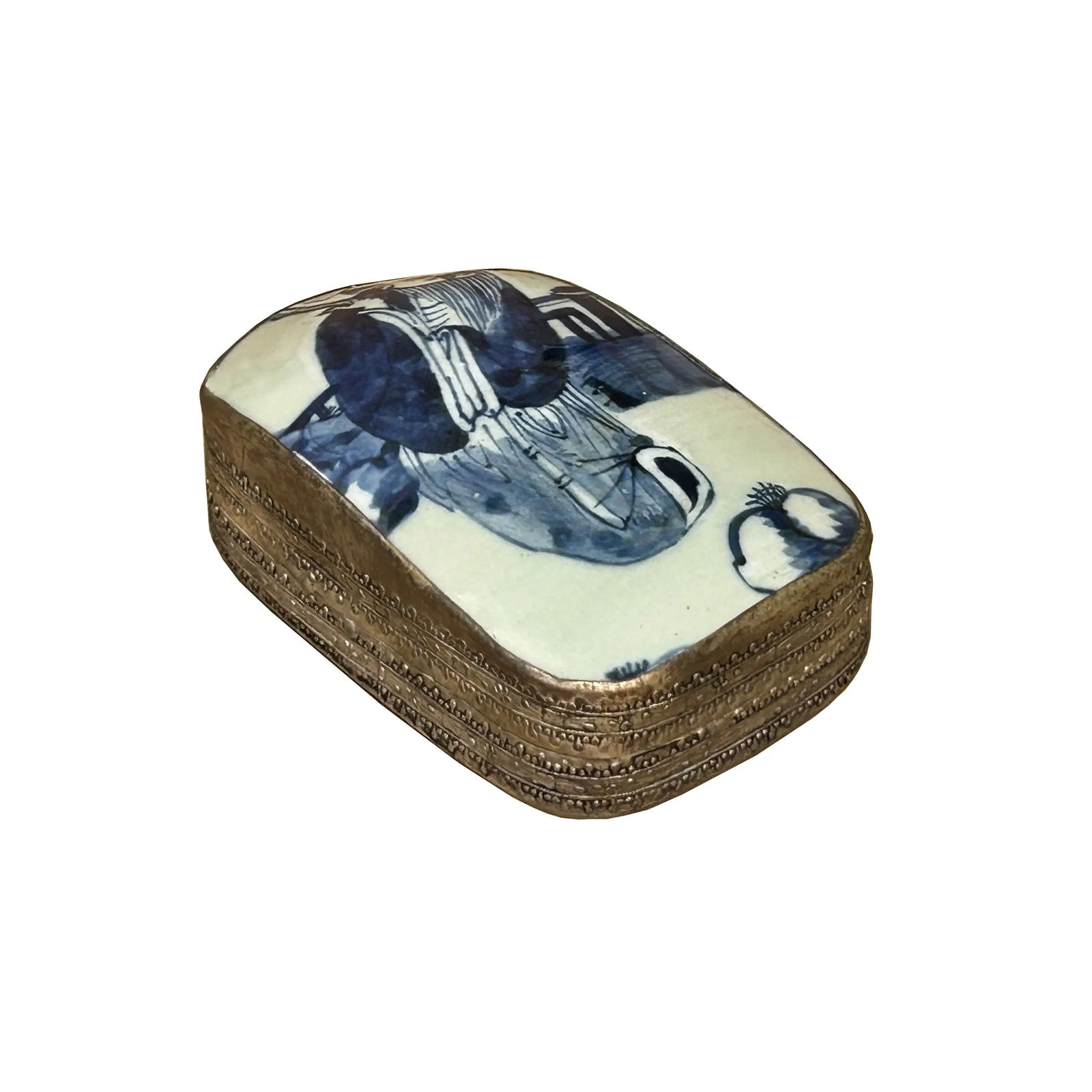 Chinese Old White Base Blue OldMan Graphic Porcelain Art Pewter Box - 4