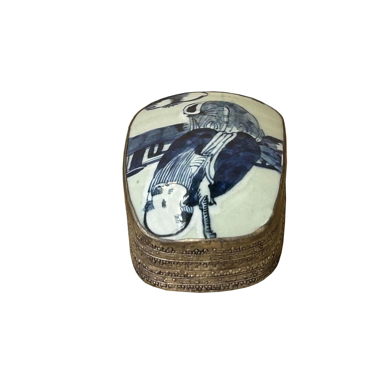 Chinese Old White Base Blue OldMan Graphic Porcelain Art Pewter Box - 5