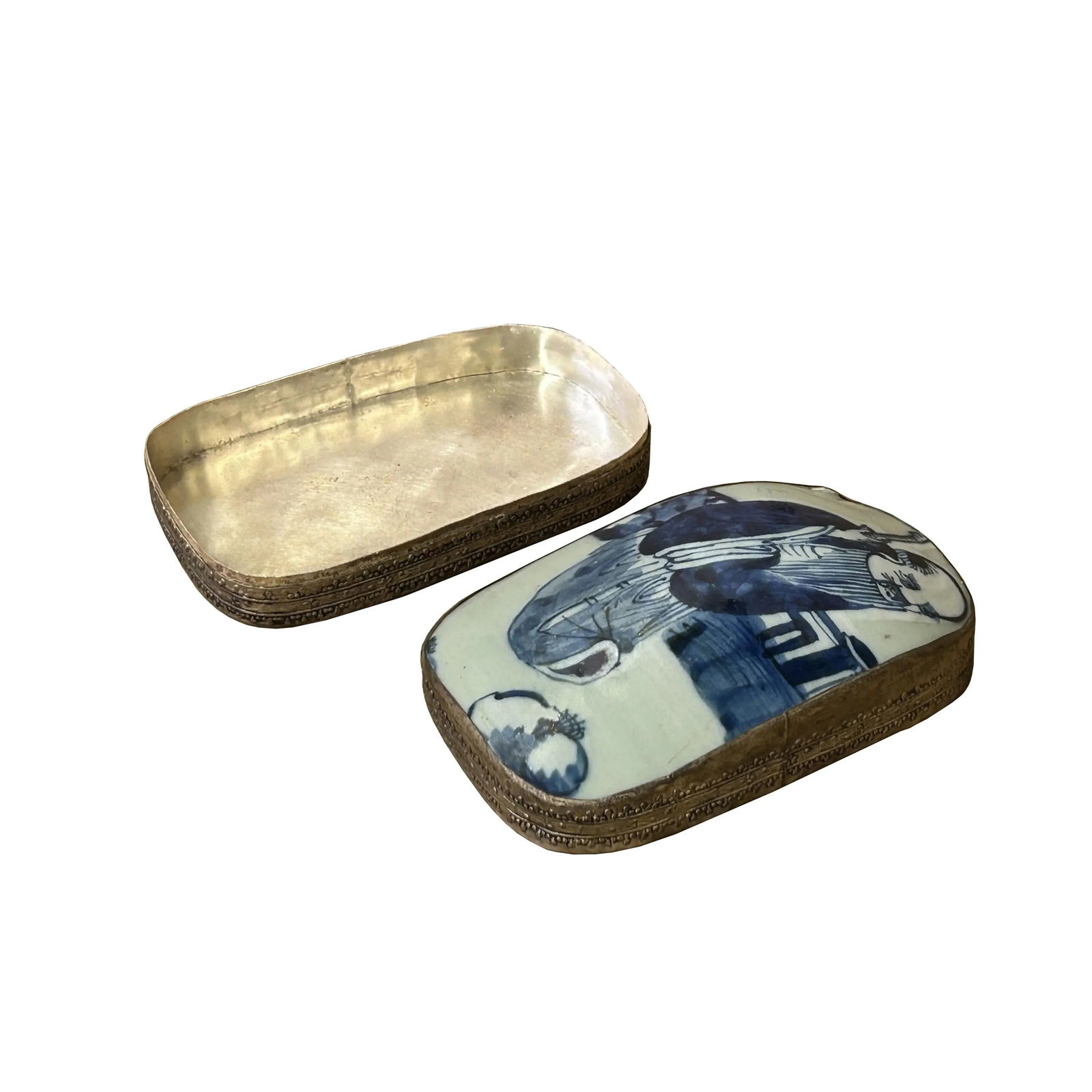 Chinese Old White Base Blue OldMan Graphic Porcelain Art Pewter Box - 6