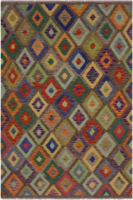 Rustic Southwestern Tribal Kilim Brown Hand-Woven Wool Rug -4'10 X 6'7