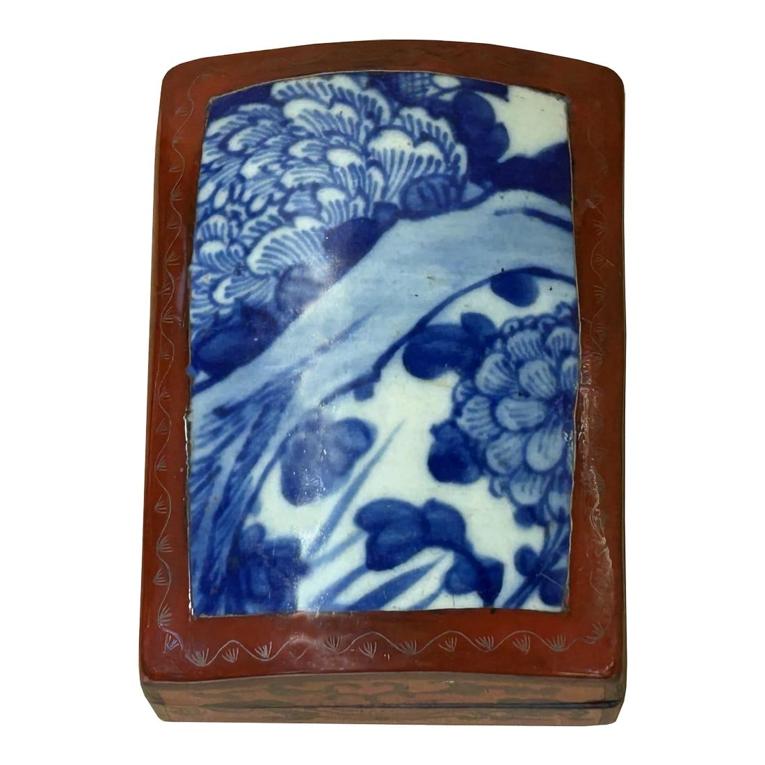 Chinese Old White Base Blue Flower Scenery Porcelain Art Lacquer Box: This is a handmade wood box in an irregular shape with an old white base blue flower scenery graphic porcelain part inset on the surface as the box cover. The body is wood and finished with precise