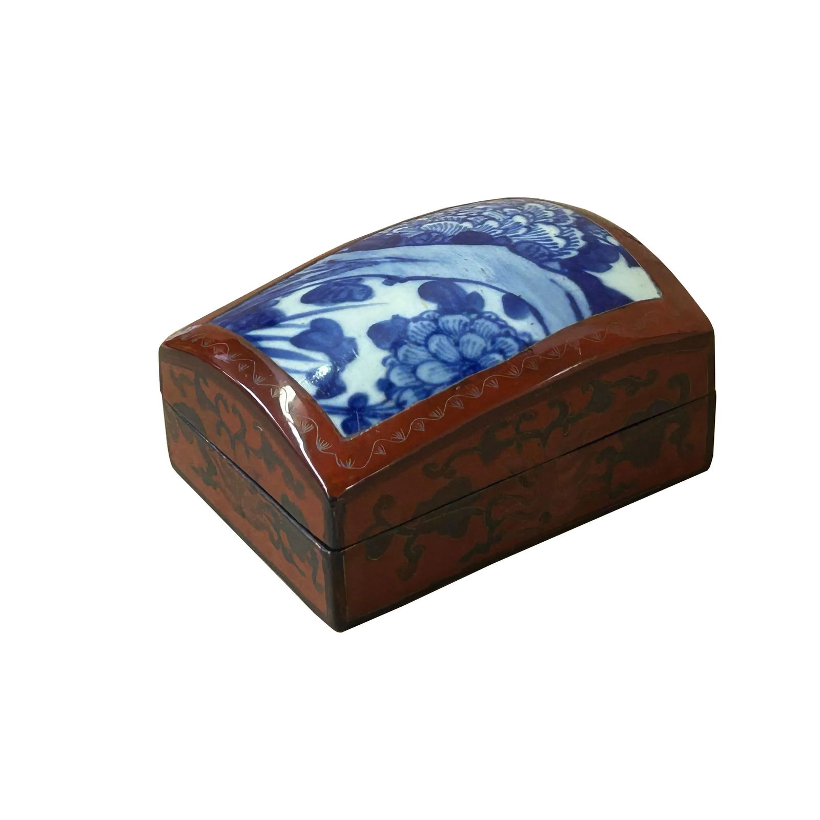 Chinese Old White Base Blue Flower Scenery Porcelain Art Lacquer Box - 2