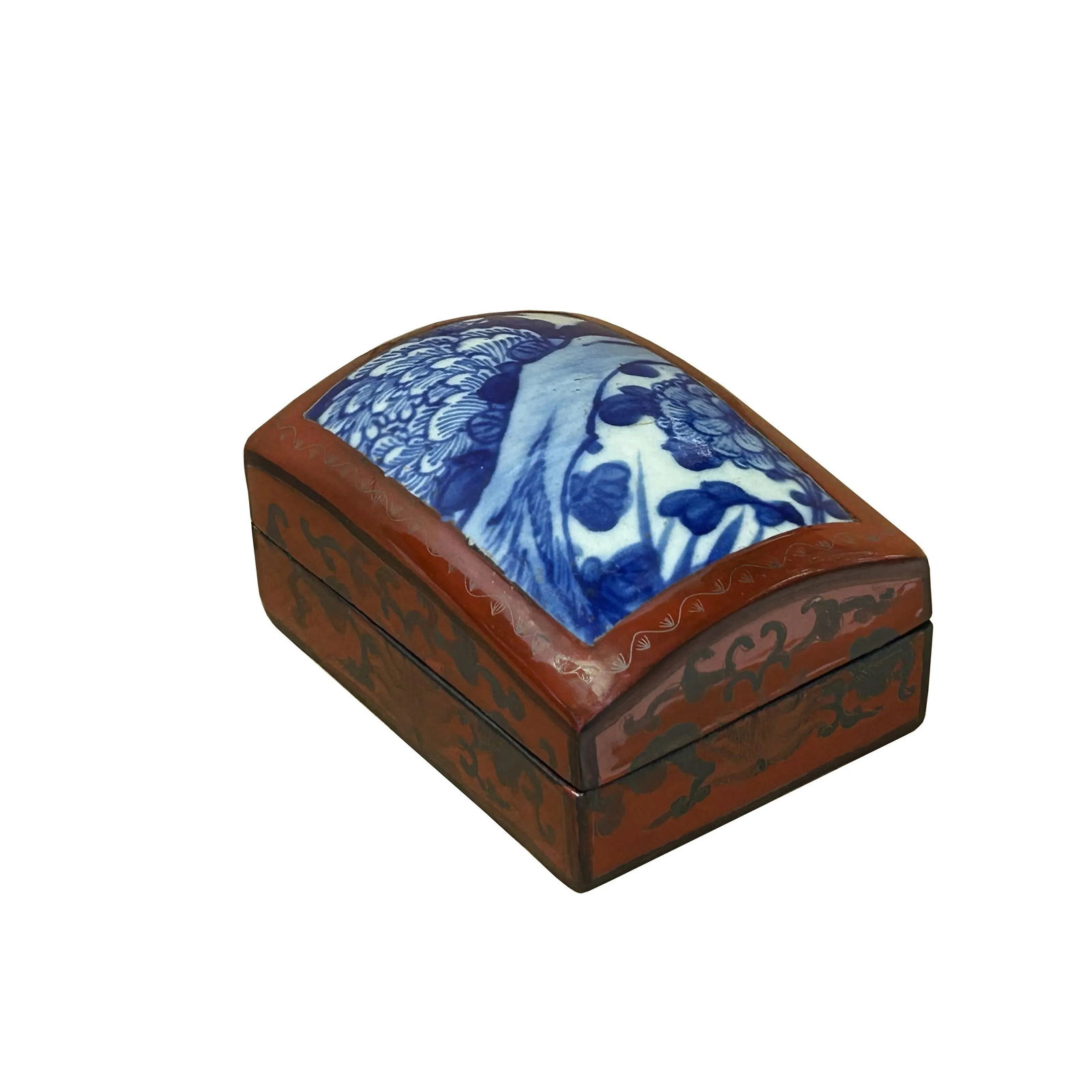 Chinese Old White Base Blue Flower Scenery Porcelain Art Lacquer Box - 3