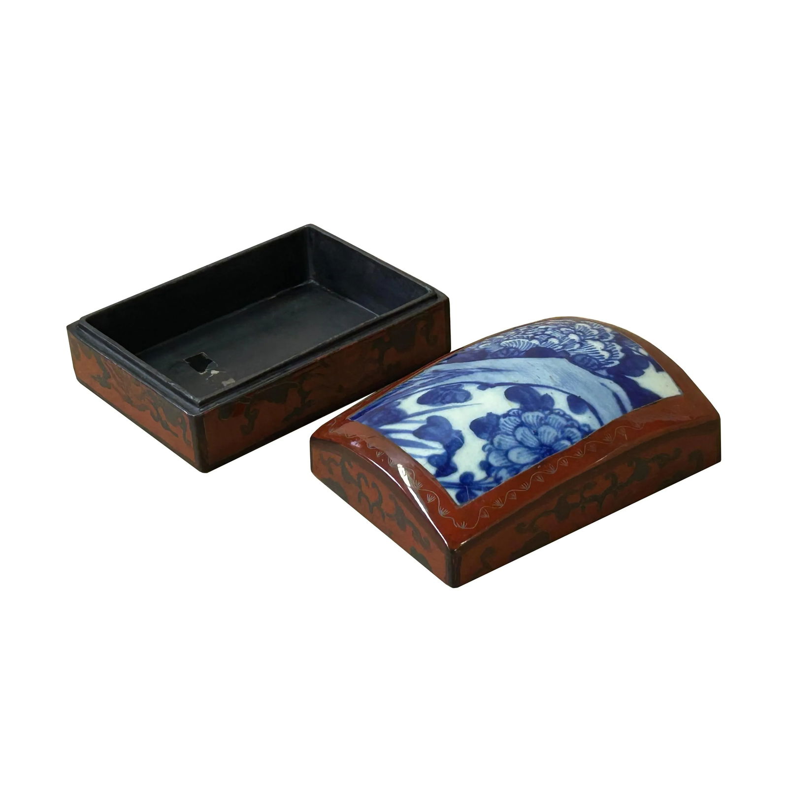 Chinese Old White Base Blue Flower Scenery Porcelain Art Lacquer Box - 5