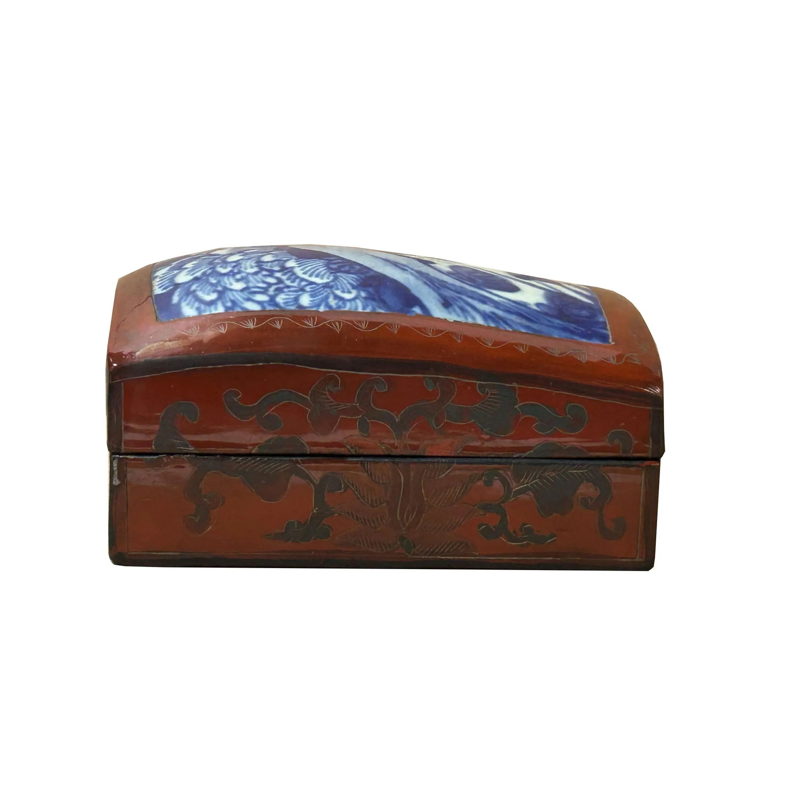 Chinese Old White Base Blue Flower Scenery Porcelain Art Lacquer Box - 6