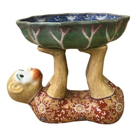 Vintage Oriental Red Base Copper Color Flower Monkey Holding Bowl Figure