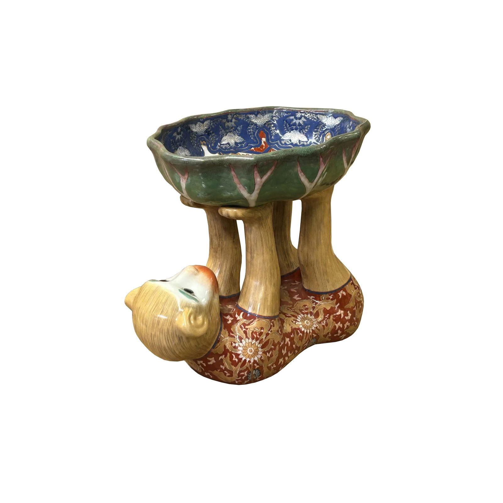Vintage Oriental Red Base Copper Color Flower Monkey Holding Bowl Figure - 2