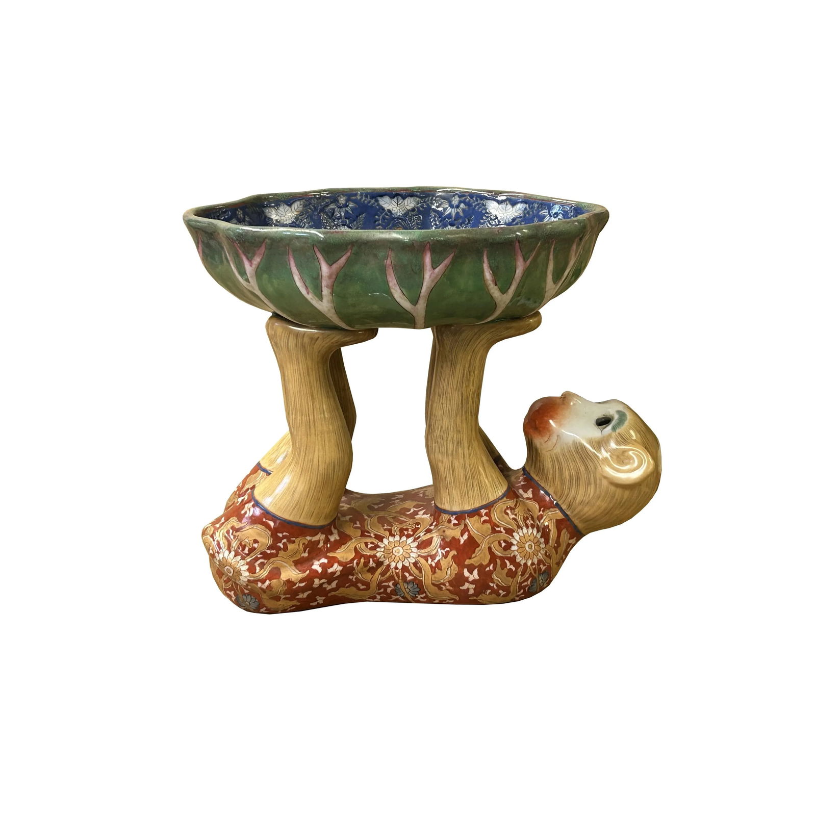 Vintage Oriental Red Base Copper Color Flower Monkey Holding Bowl Figure - 3