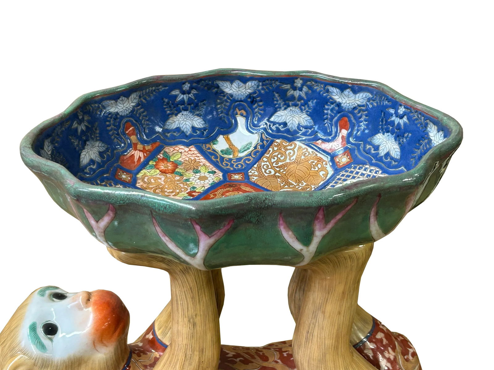 Vintage Oriental Red Base Copper Color Flower Monkey Holding Bowl Figure - 4