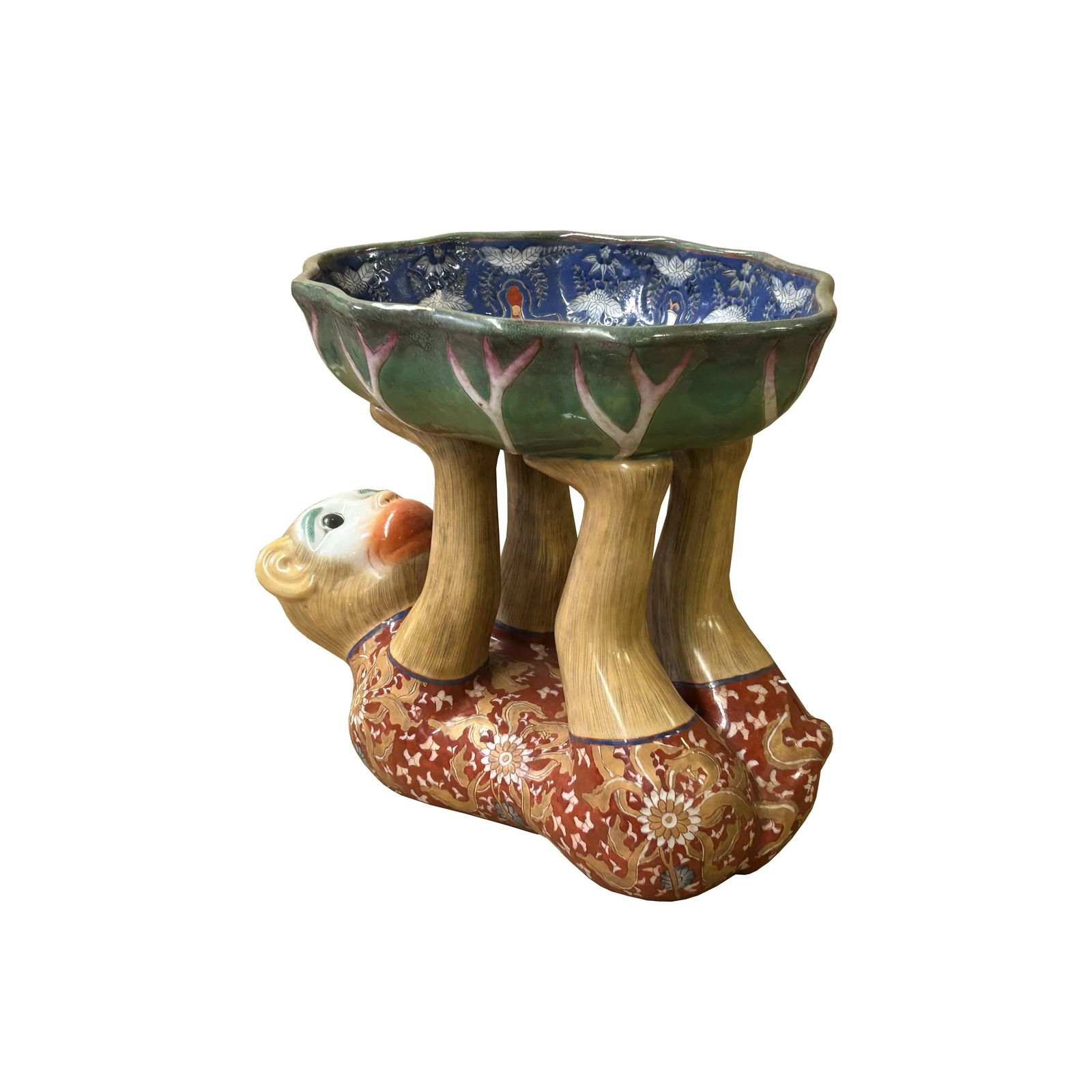 Vintage Oriental Red Base Copper Color Flower Monkey Holding Bowl Figure - 6