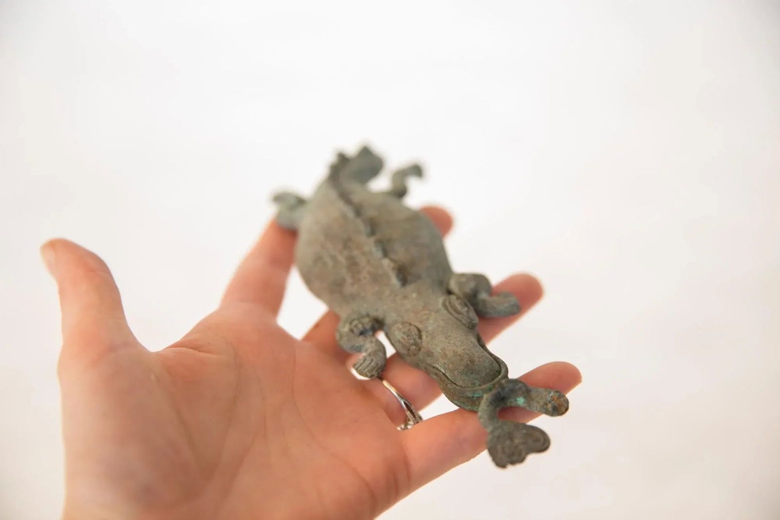 Vintage African Oxidized Copper Crocodile Eating Fish - 4
