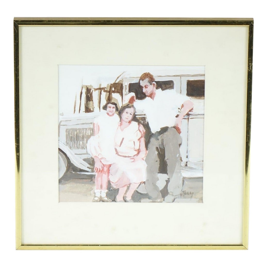 Late 20th Century Family Snapshot Original Acrylic Painting Signed: Charming, photo-inspired scene rendered in acrylic with a soft, airy palette and quick, confident brushwork. This original painting depicts a family posed beside a vintage automobile"”capturing