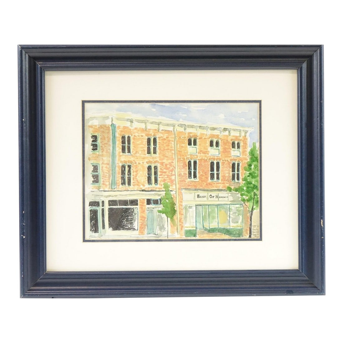 *"The Bank of Hanover" - Original Watercolor on Paper Signed: This delightful original watercolor on paper captures the quiet charm of a historic town center, likely rendered in a naÃ¯ve realism and architectural folk style that emphasizes character