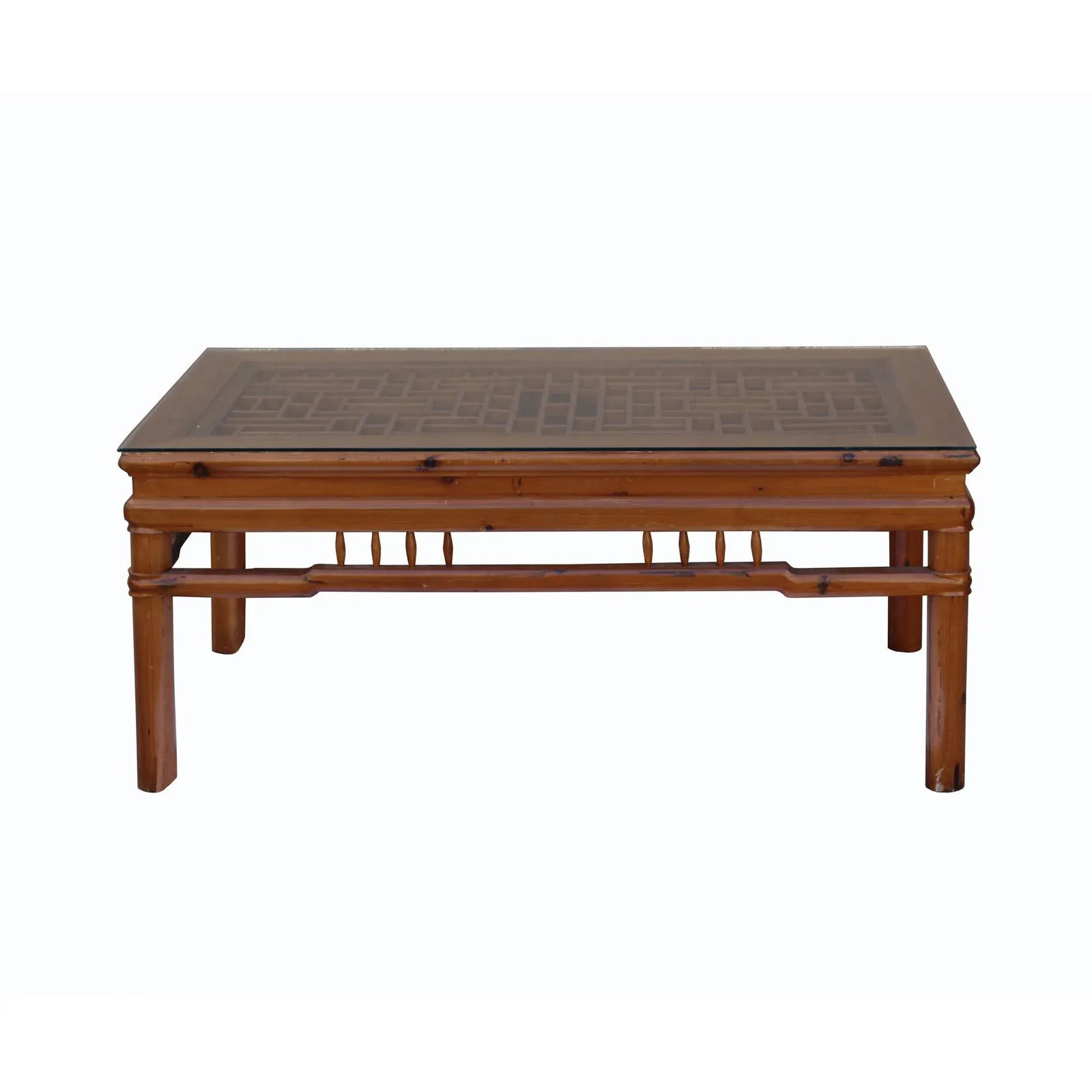 Rectangular Glass Top Coffee Table With Chinese Old Windows Panel Design - 2