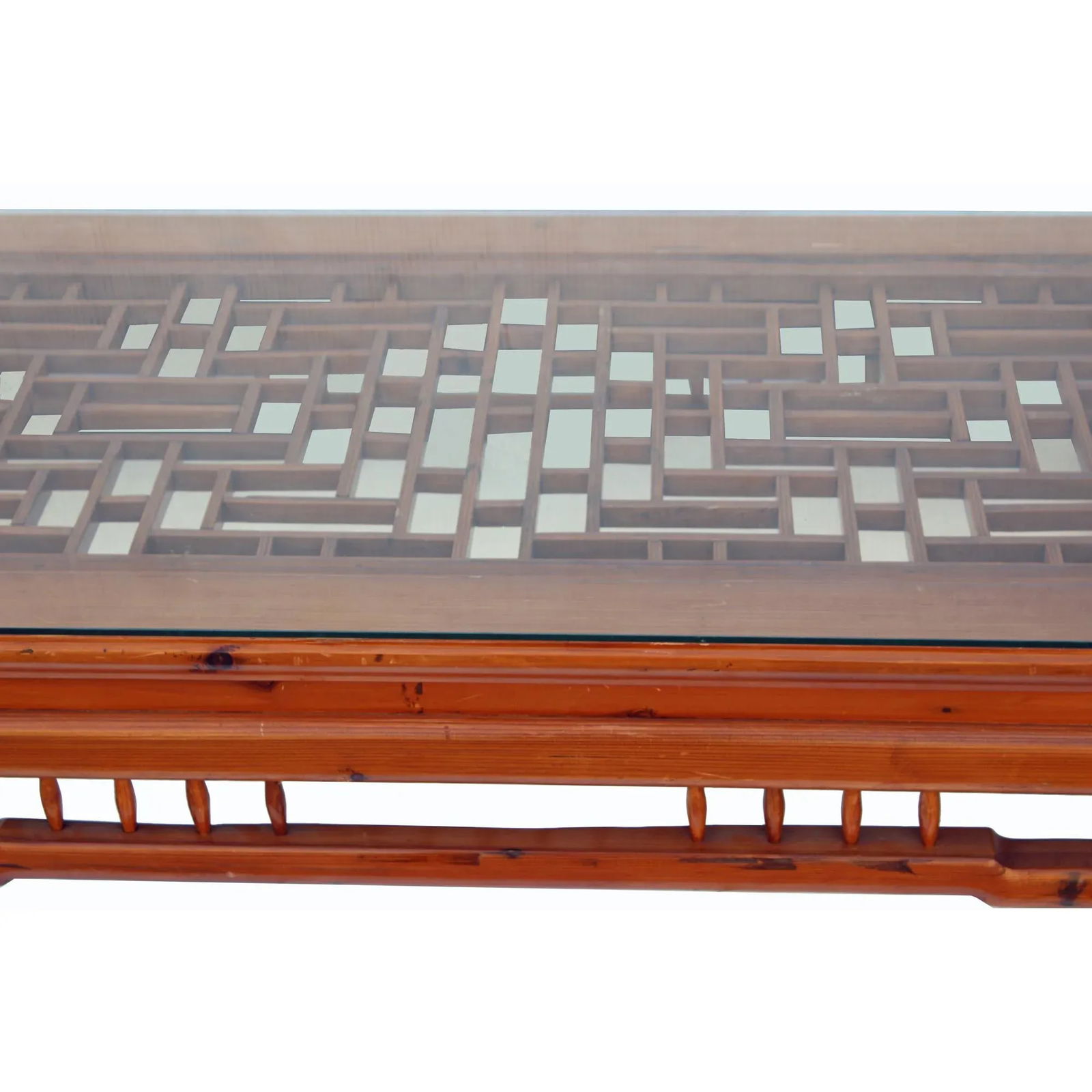 Rectangular Glass Top Coffee Table With Chinese Old Windows Panel Design - 5