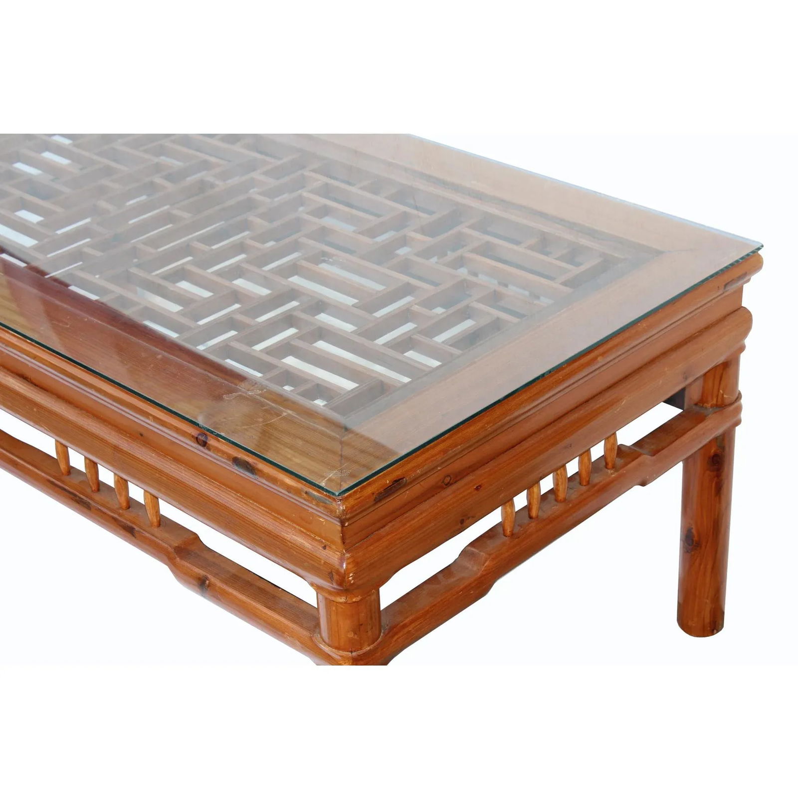 Rectangular Glass Top Coffee Table With Chinese Old Windows Panel Design - 8
