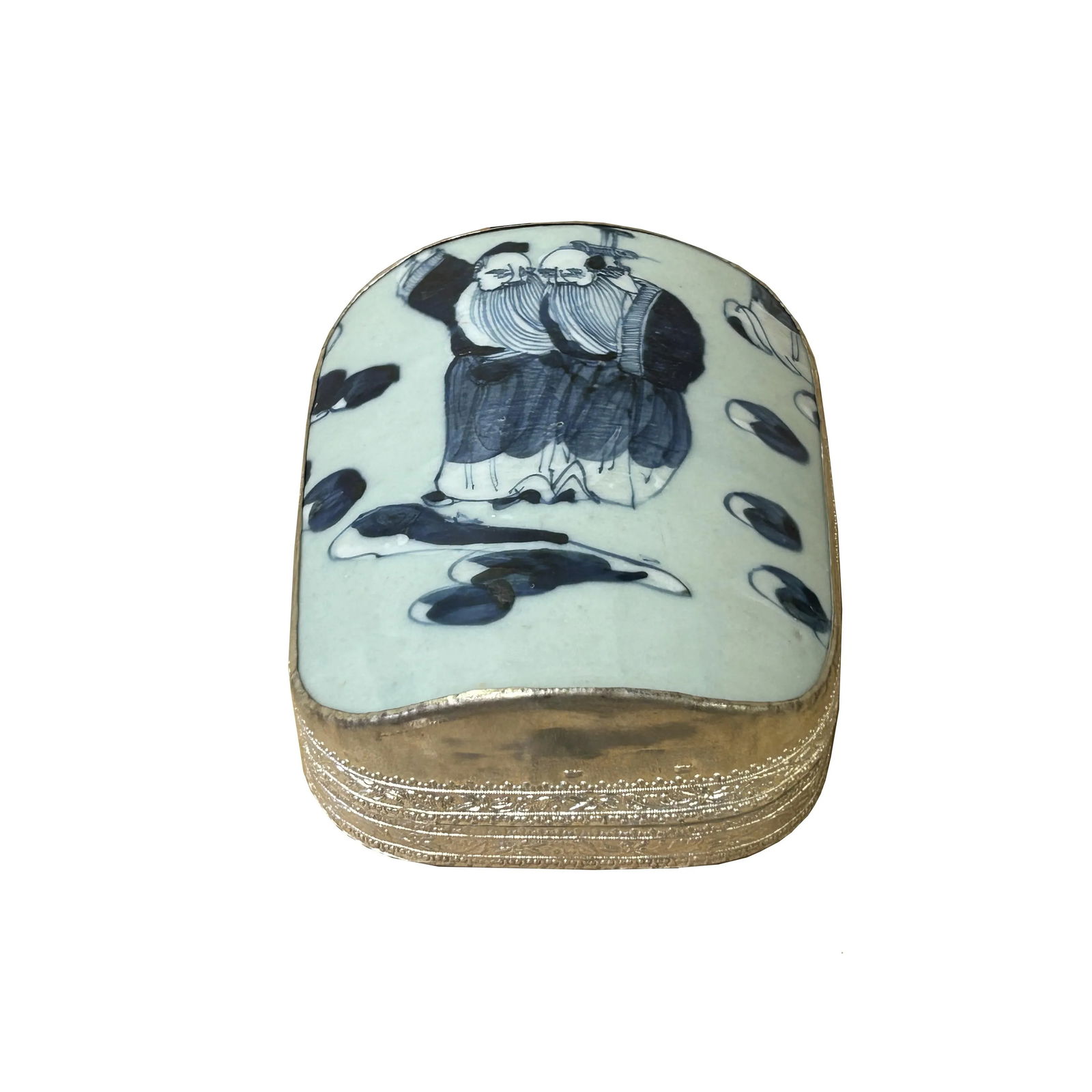 Chinese Old White Base Blue OldMan Graphic Porcelain Art Pewter Box - 2