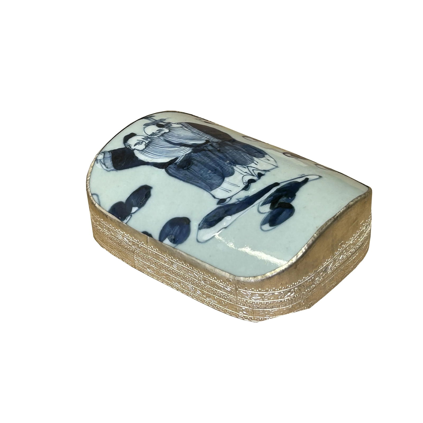 Chinese Old White Base Blue OldMan Graphic Porcelain Art Pewter Box - 3