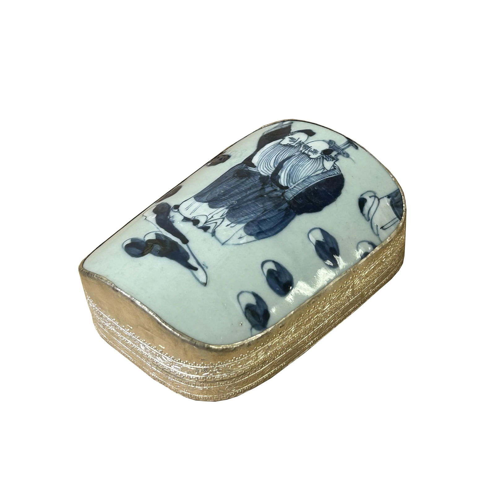 Chinese Old White Base Blue OldMan Graphic Porcelain Art Pewter Box - 4