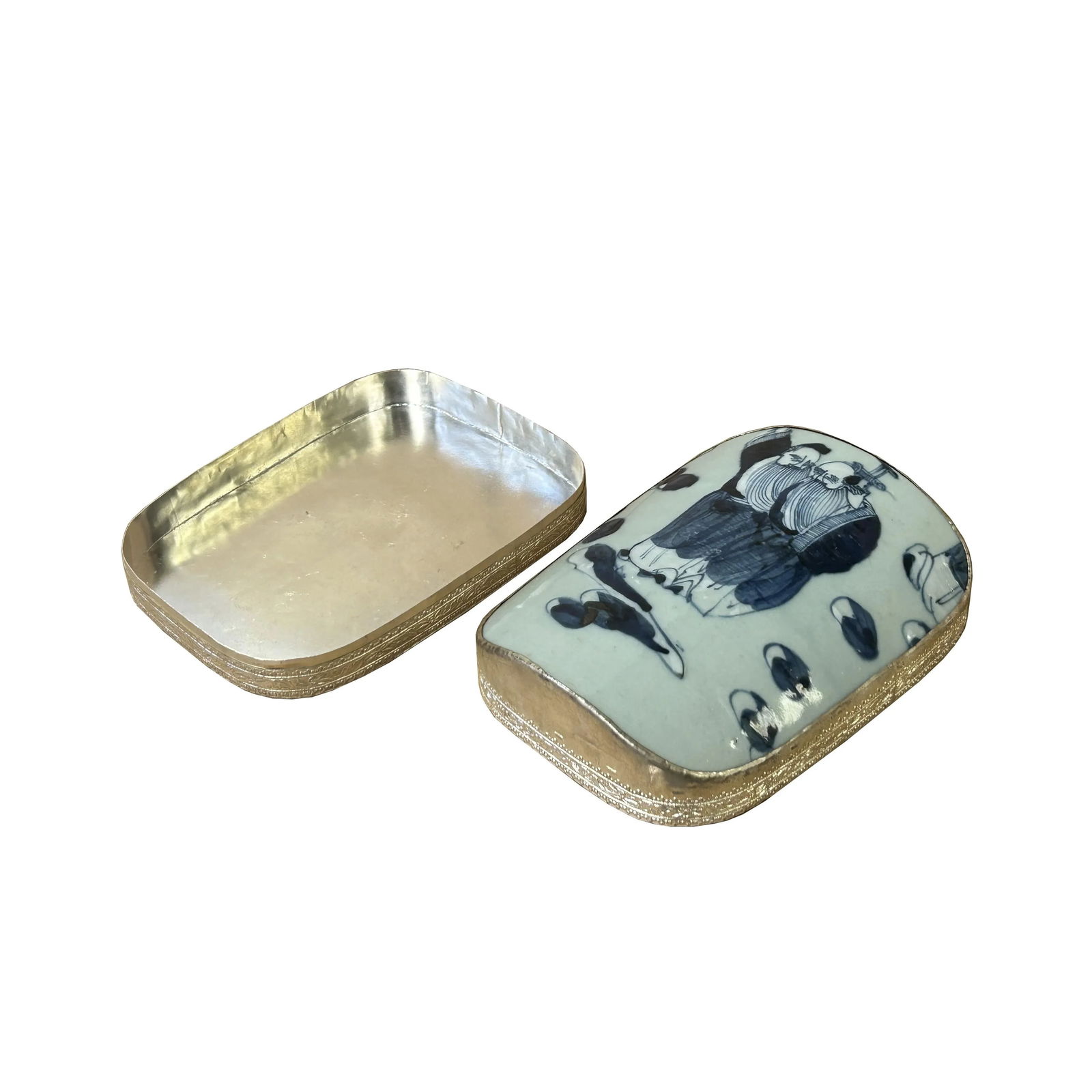 Chinese Old White Base Blue OldMan Graphic Porcelain Art Pewter Box - 5