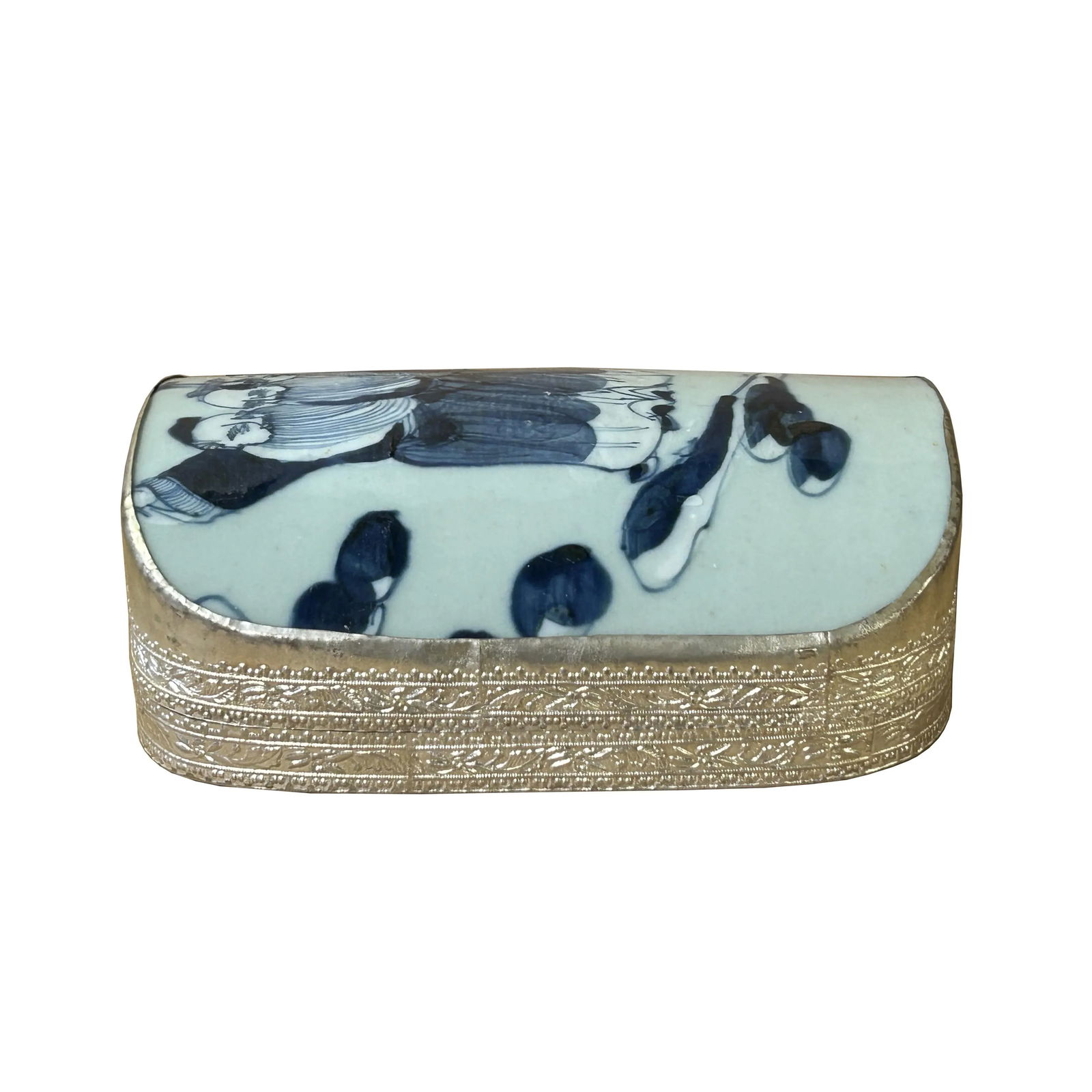 Chinese Old White Base Blue OldMan Graphic Porcelain Art Pewter Box - 6