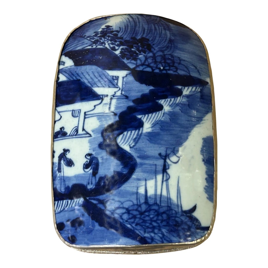Chinese Old White Base Blue Flower Village Scenery Porcelain Art Pewter Box (1 of 7)