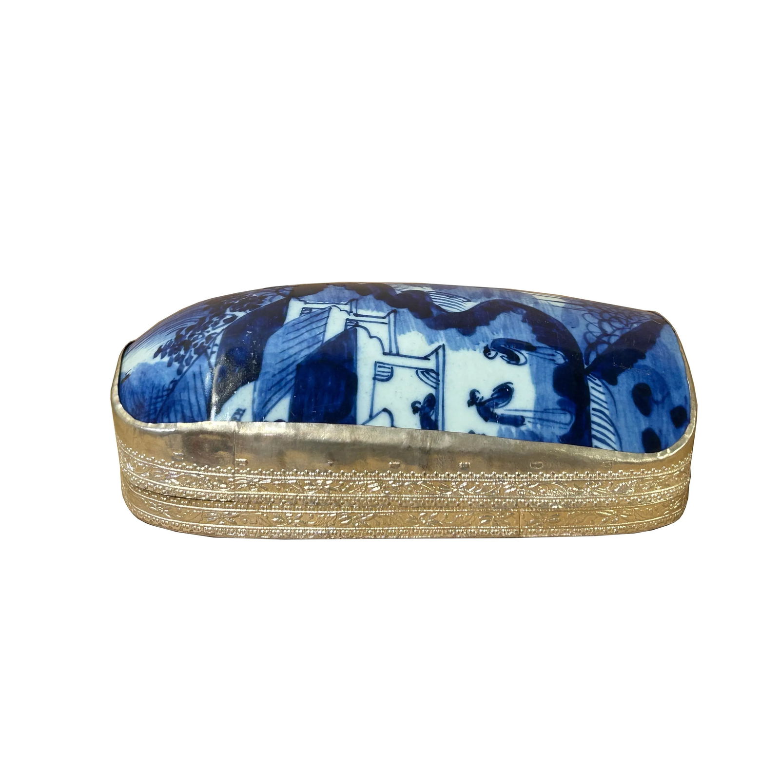 Chinese Old White Base Blue Flower Village Scenery Porcelain Art Pewter Box - 3