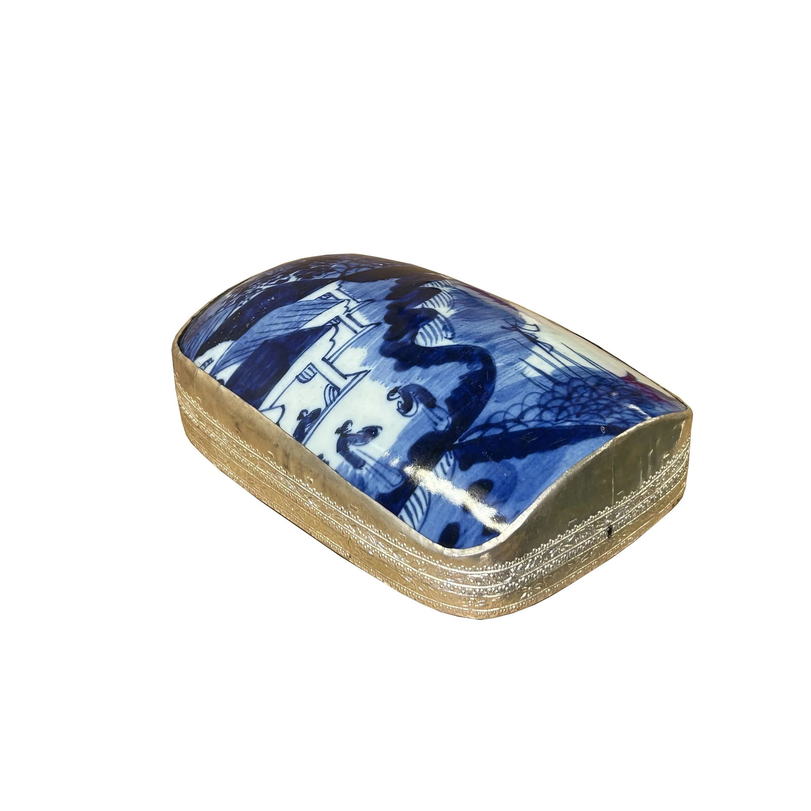 Chinese Old White Base Blue Flower Village Scenery Porcelain Art Pewter Box - 4