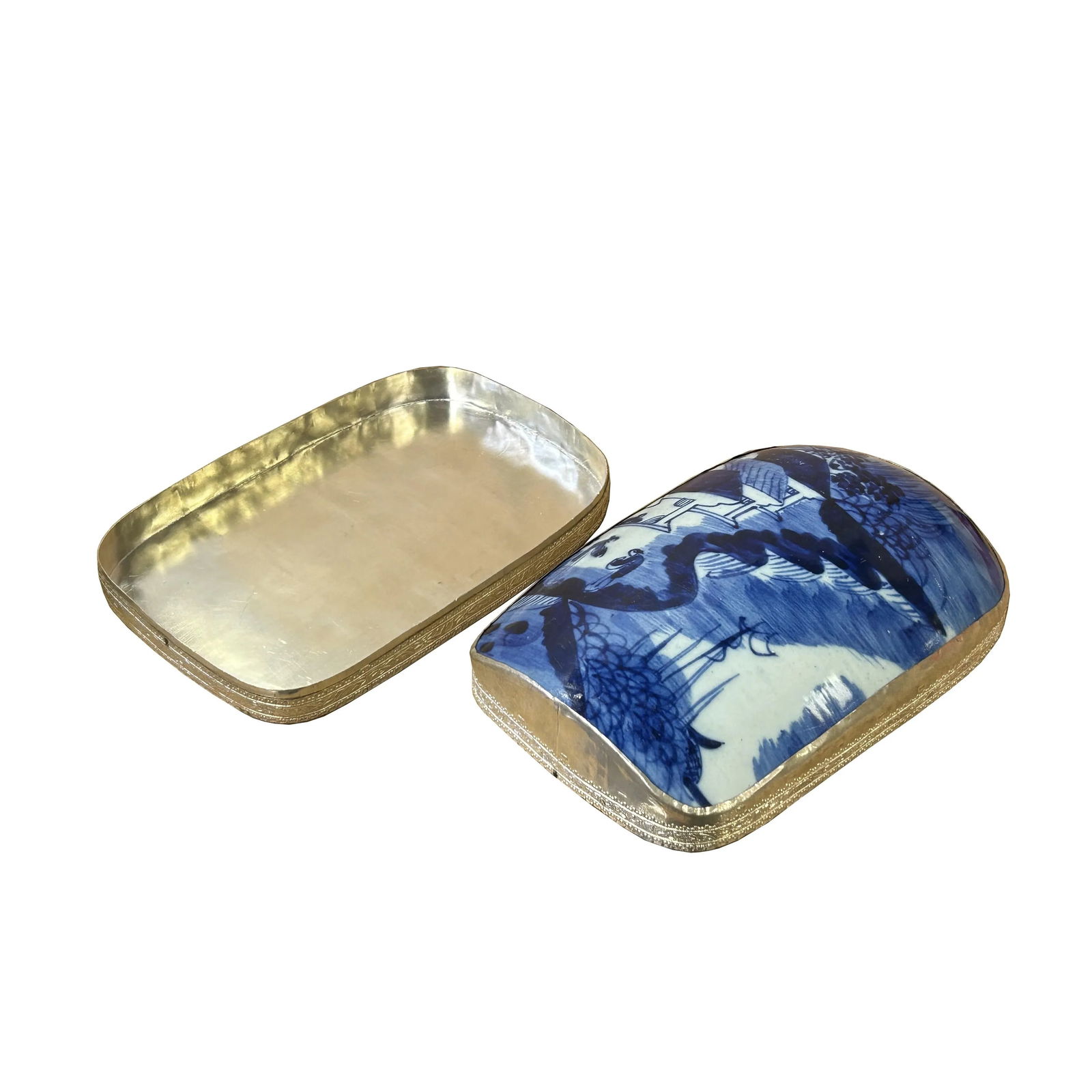 Chinese Old White Base Blue Flower Village Scenery Porcelain Art Pewter Box - 5
