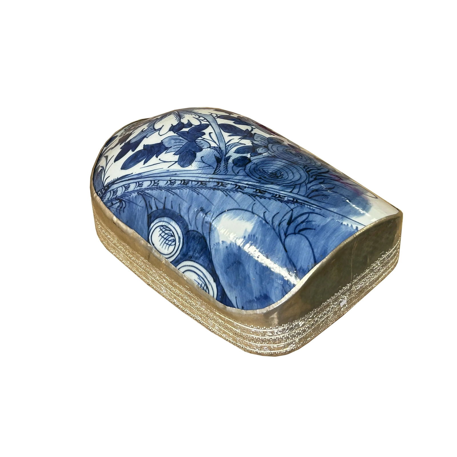 Chinese Old White Base Blue Large Flower Porcelain Art Pewter Box - 2