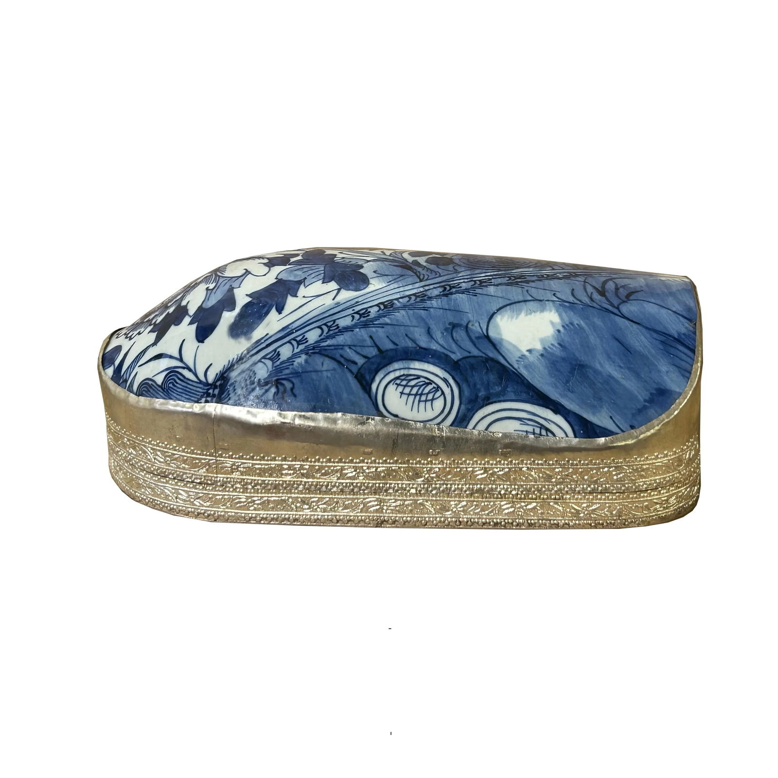 Chinese Old White Base Blue Large Flower Porcelain Art Pewter Box - 4