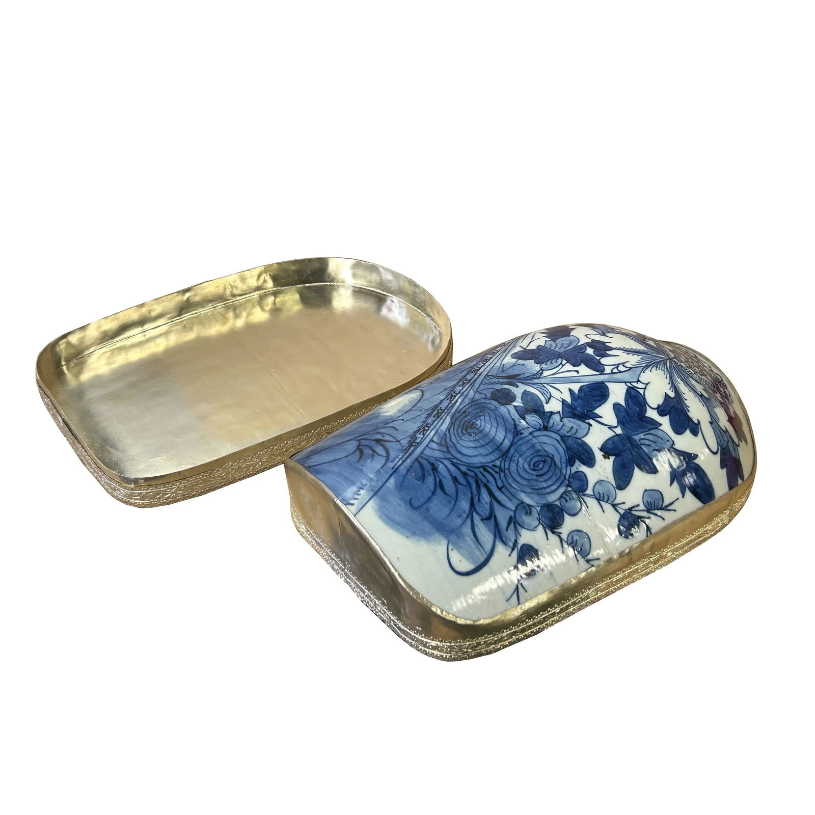 Chinese Old White Base Blue Large Flower Porcelain Art Pewter Box - 5