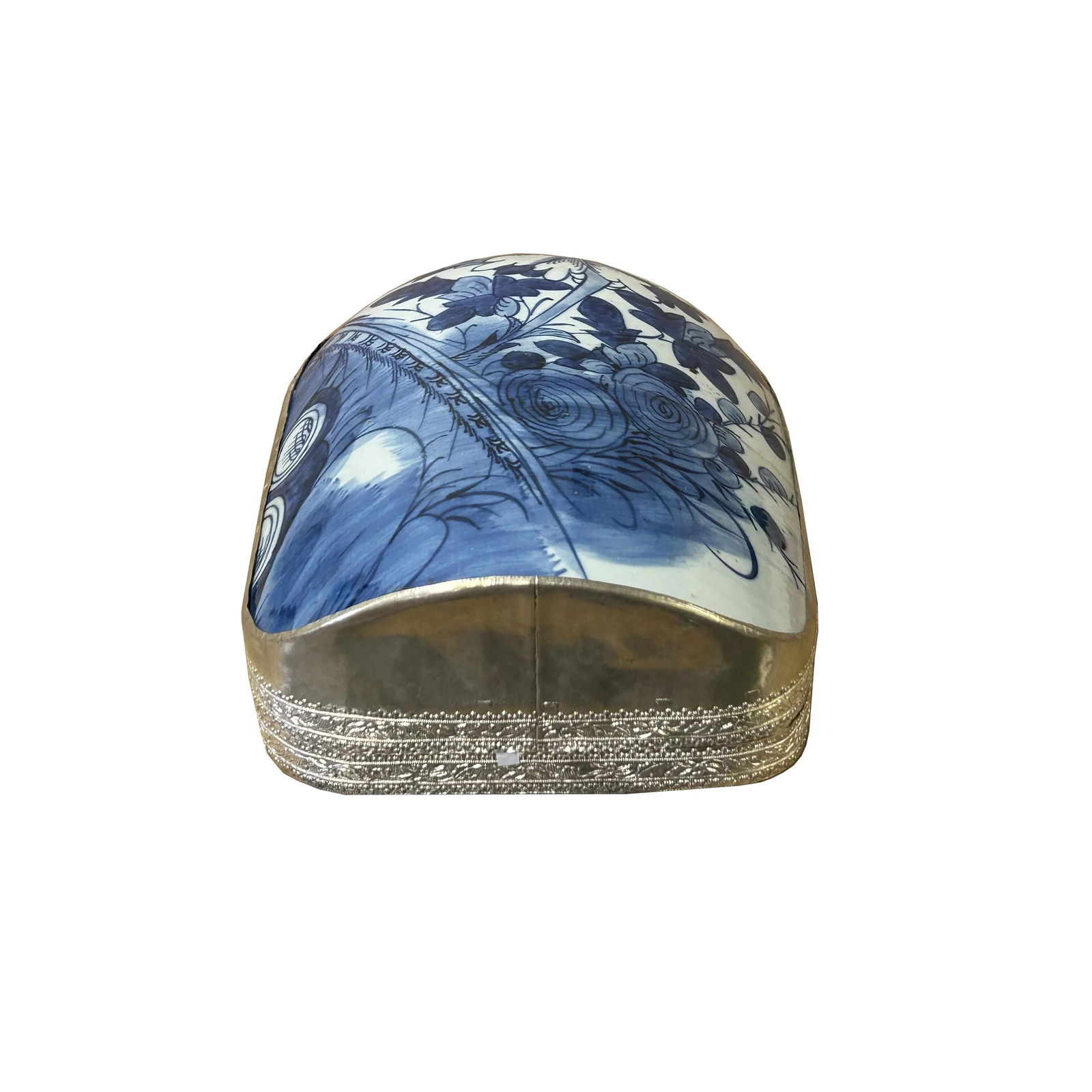 Chinese Old White Base Blue Large Flower Porcelain Art Pewter Box - 7