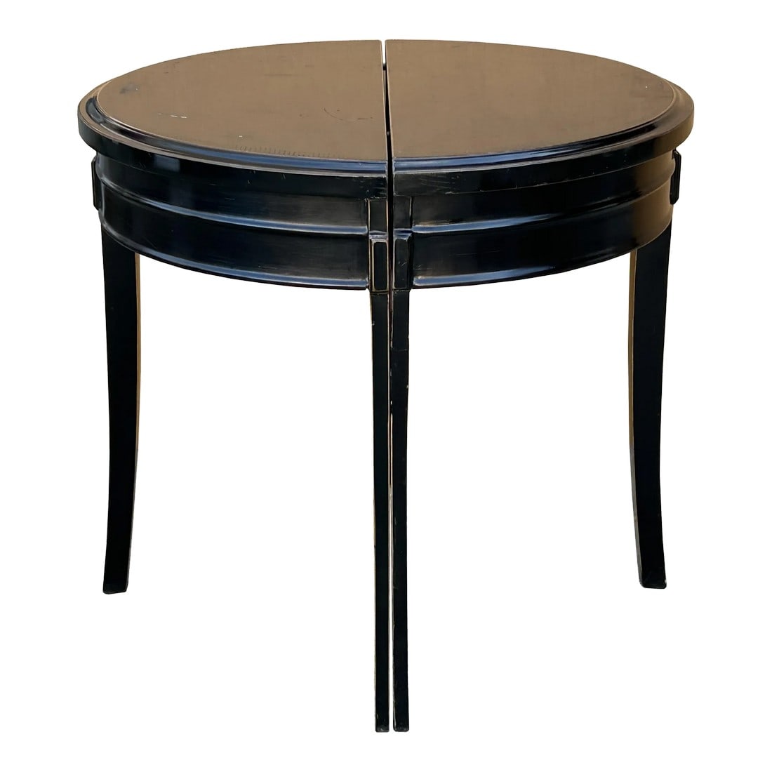 Chinese Black Lacquer Wood 2 Half Side Round Pedestal Center Table: This is a pair of oriental half-round pedestal tables made of solid wood and finished in black lacquer. It can be used as a foyer table against the wall in half round shape. Or as a complete round cen