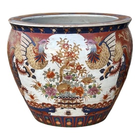 Oriental Vintage Porcelain Red Copper Color Phoenix Graphic Pot Planter