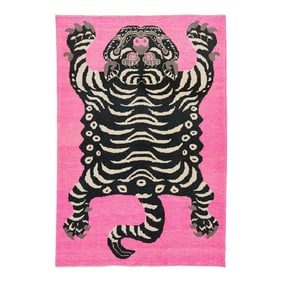 Room Size Handmade Turkish Wool Rug in Pink With a Tiger Motif
