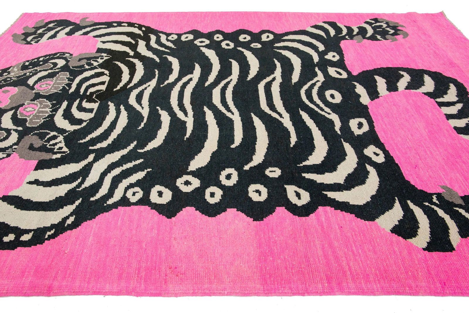 Room Size Handmade Turkish Wool Rug in Pink With a Tiger Motif - 8