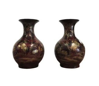 Chinese Brown Gold Scenery Decorative Vases - Pair
