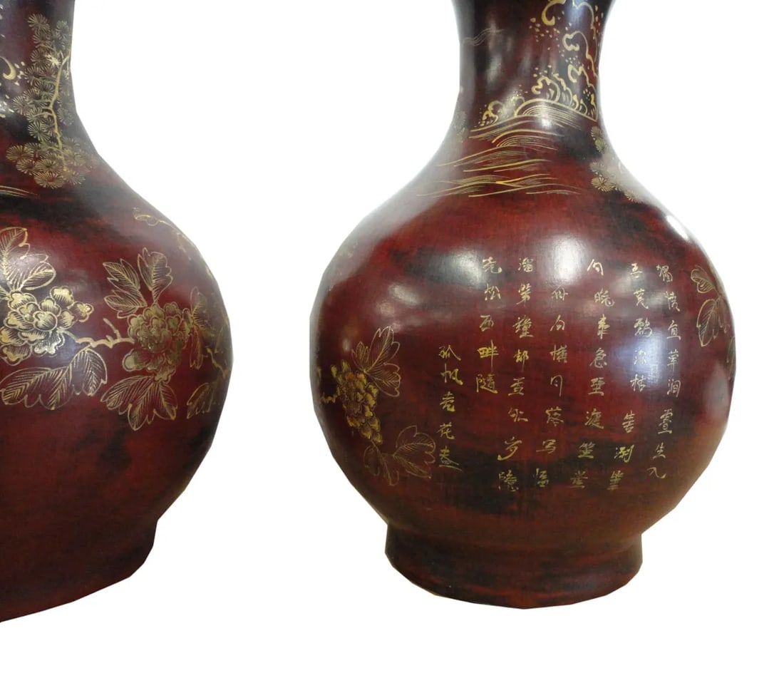 Chinese Brown Gold Scenery Decorative Vases - Pair - 3